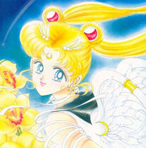 Official art of Eternal Sailor Moon. She has her back towards the viewer but is looking over her shoulder at the viewer and smiling. Her hair is flowing as if being blown back by wind and her torso is only visible down to part of her shoulder.